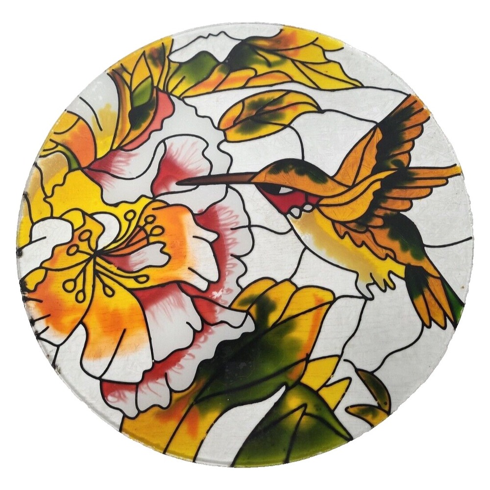 Vintage Stained Glass Hummingbird And Flowers Round Display Plate Decorative